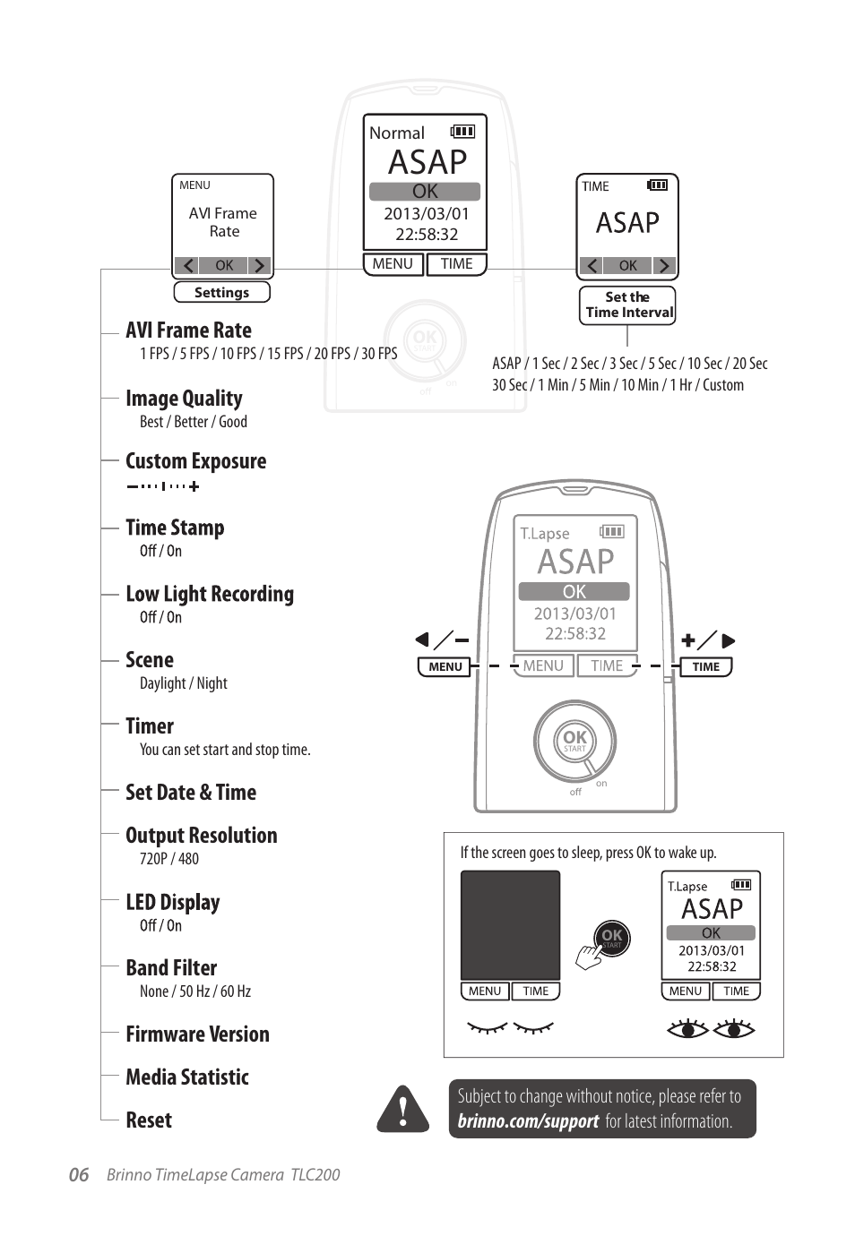Asap, Avi frame rate, Image quality | Scene, Timer, Output resolution, Band filter | Brinno TLC200 User Manual | Page 6 / 24