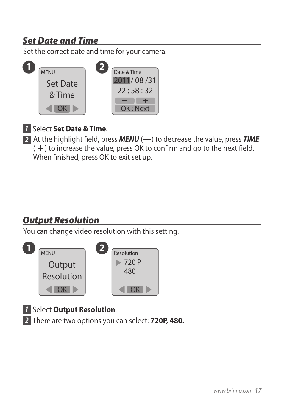 12 set date and time, 12 output resolution, Set date & time | Output resolution | Brinno TLC200 f1.2 User Manual | Page 17 / 24