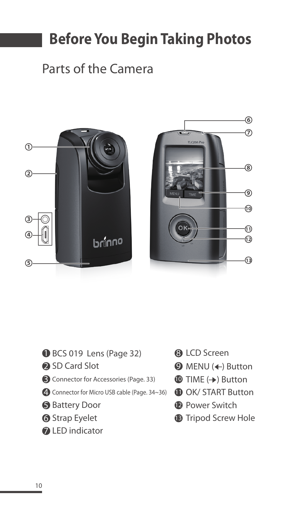 Before you begin taking photos, Parts of the camera | Brinno TLC200 Pro User Manual | Page 10 / 44