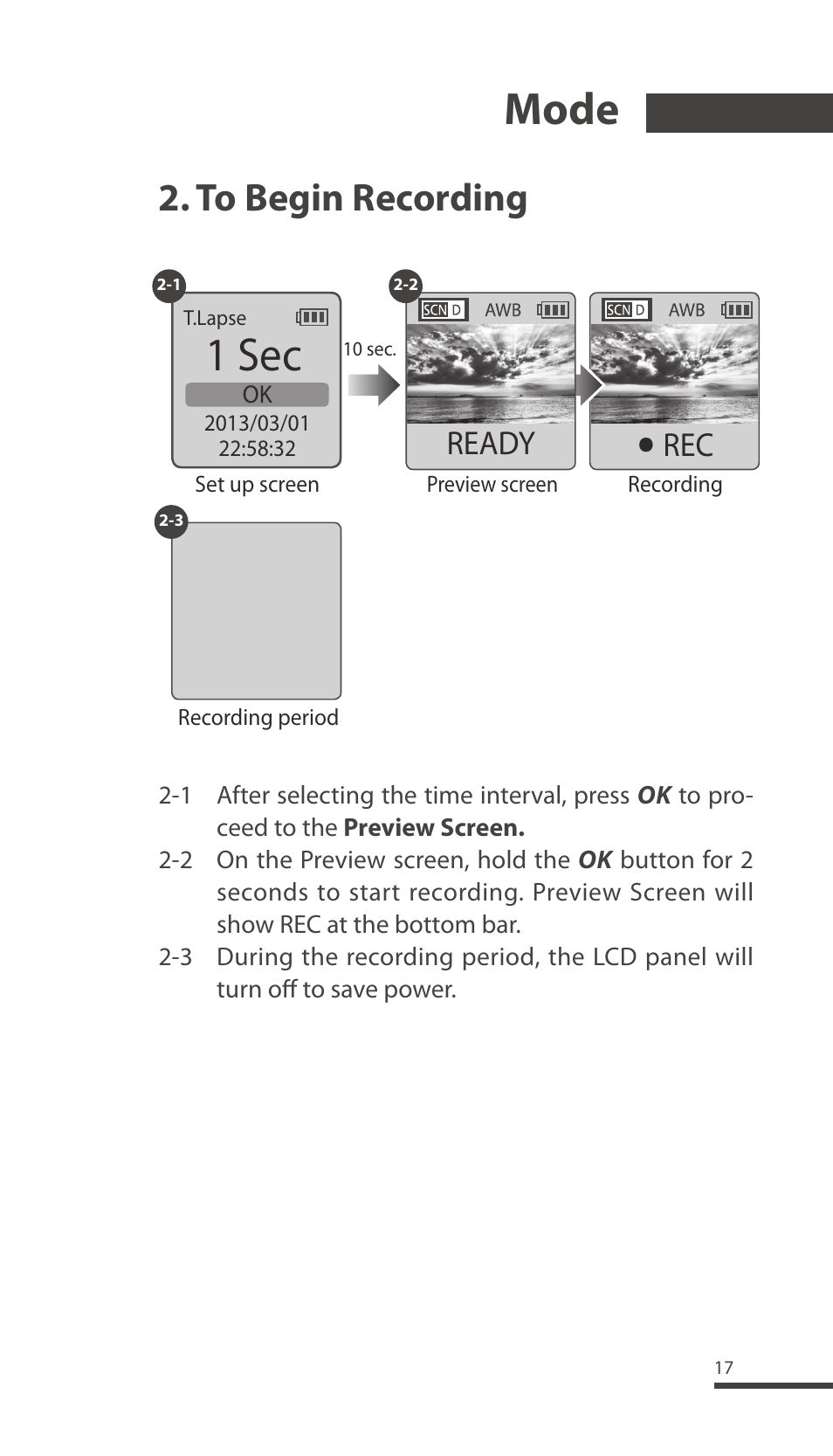 1 sec, Mode, Rec ready | Brinno TLC200 Pro User Manual | Page 17 / 44