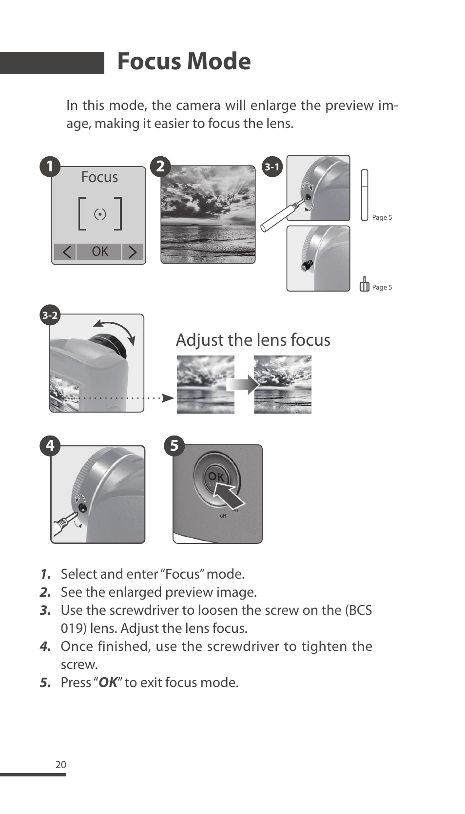 Focus mode, Adjust the lens focus | Brinno TLC200 Pro User Manual | Page 20 / 44