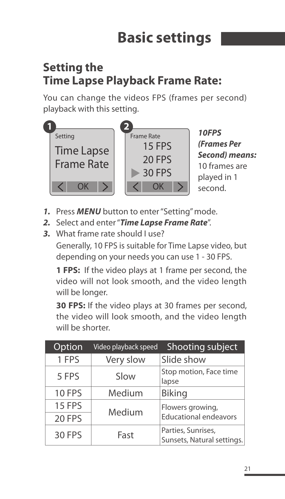 Basic settings, Setting the time lapse playback frame rate, Time lapse frame rate | Brinno TLC200 Pro User Manual | Page 21 / 44