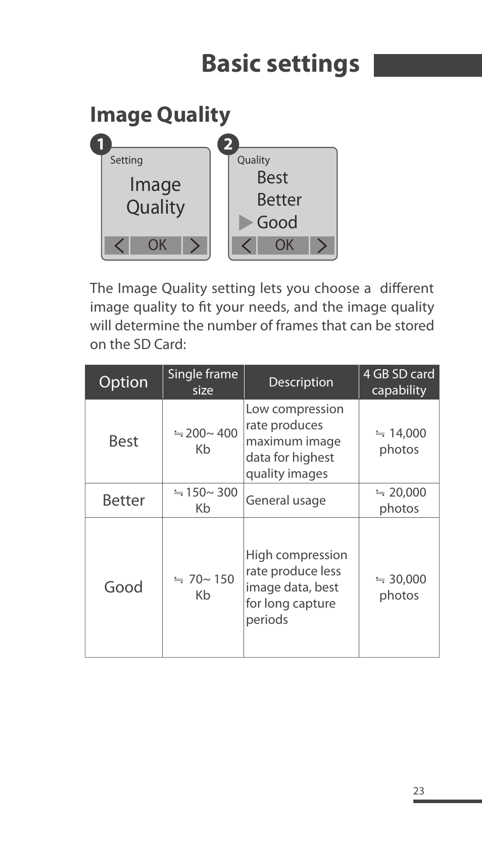 Basic settings, Image quality, Best better good | Brinno TLC200 Pro User Manual | Page 23 / 44