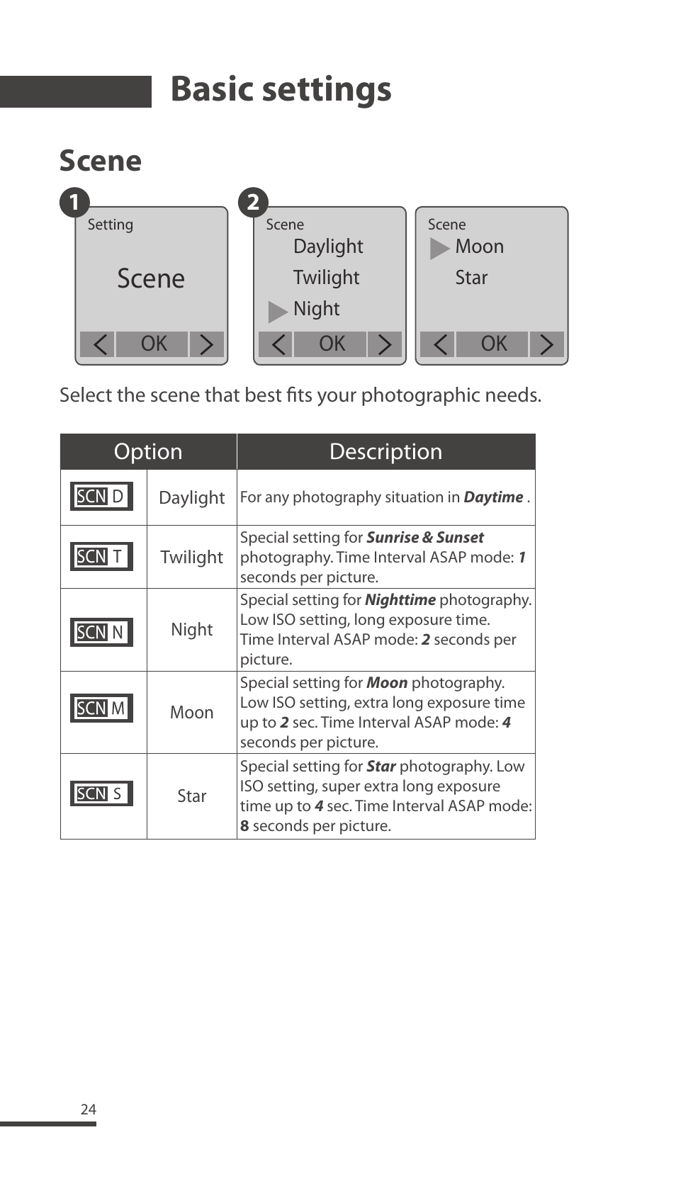 Basic settings, Scene, 12 option description | Brinno TLC200 Pro User Manual | Page 24 / 44