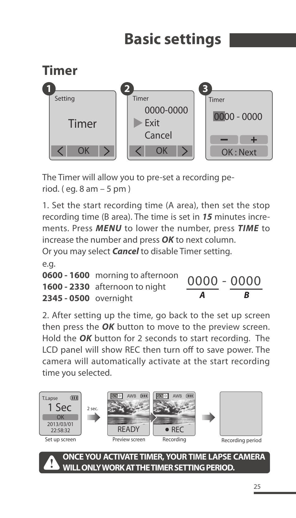 Basic settings, Timer, 1 sec | Brinno TLC200 Pro User Manual | Page 25 / 44