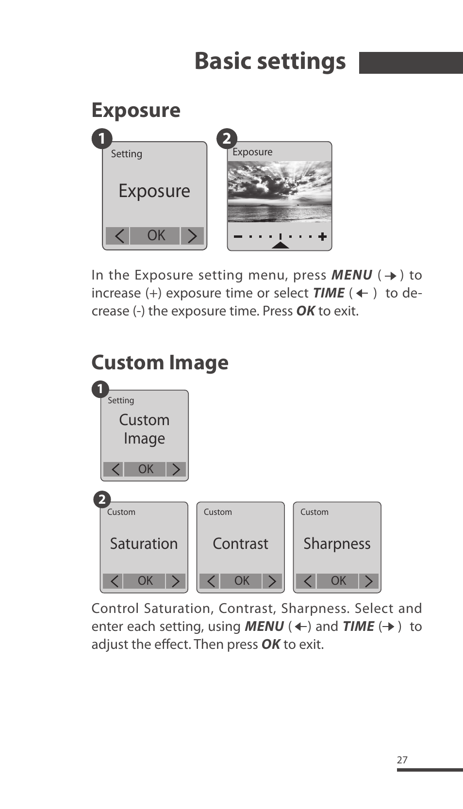 Basic settings, Custom image, Exposure | Brinno TLC200 Pro User Manual | Page 27 / 44