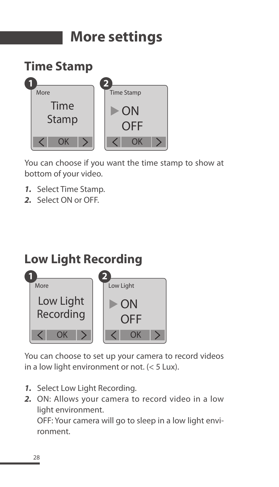 More settings, Time stamp low light recording, On off | Time stamp, Low light recording | Brinno TLC200 Pro User Manual | Page 28 / 44