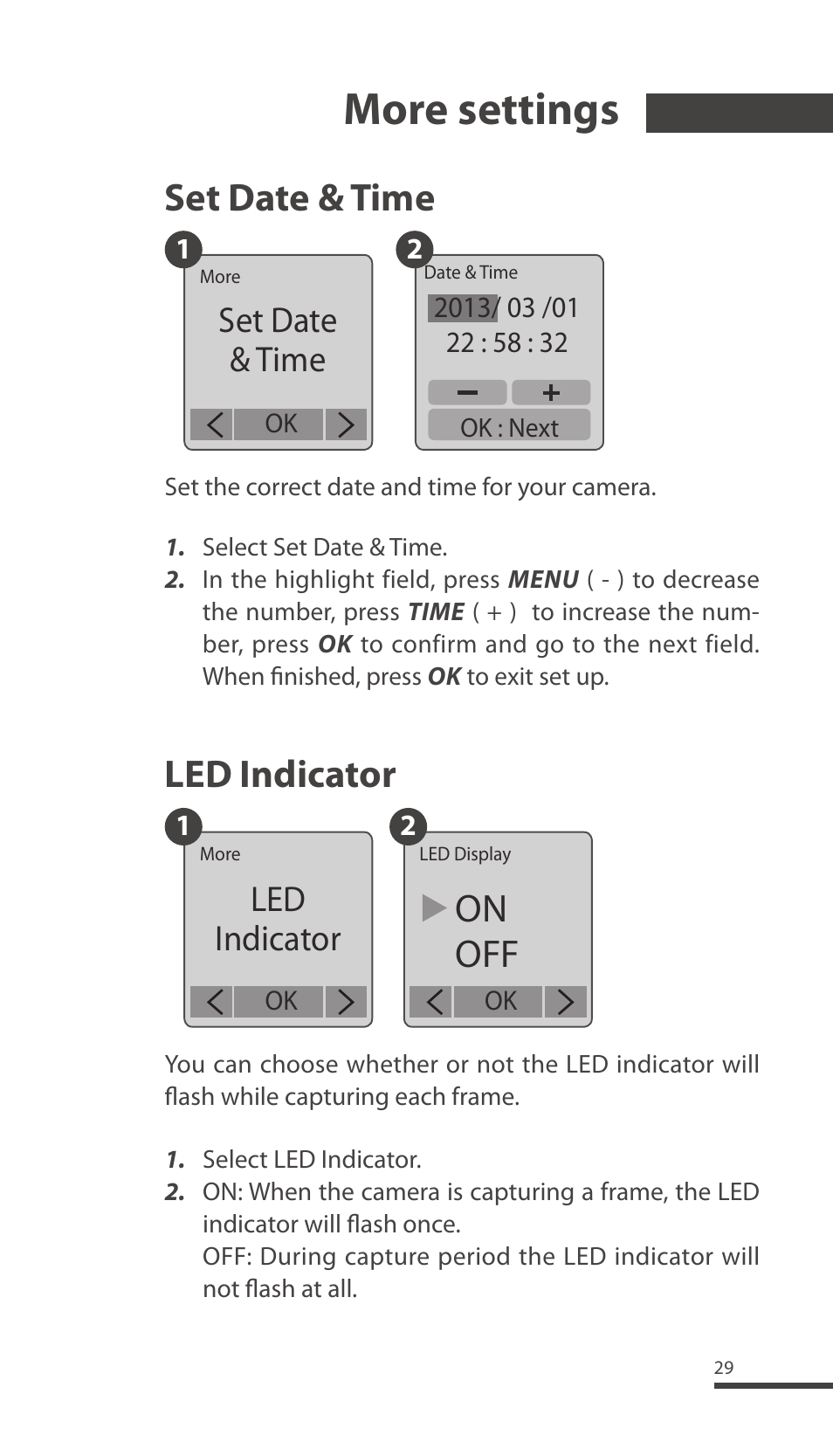 More settings, Set date & time led indicator, On off | Led indicator, Set date & time | Brinno TLC200 Pro User Manual | Page 29 / 44