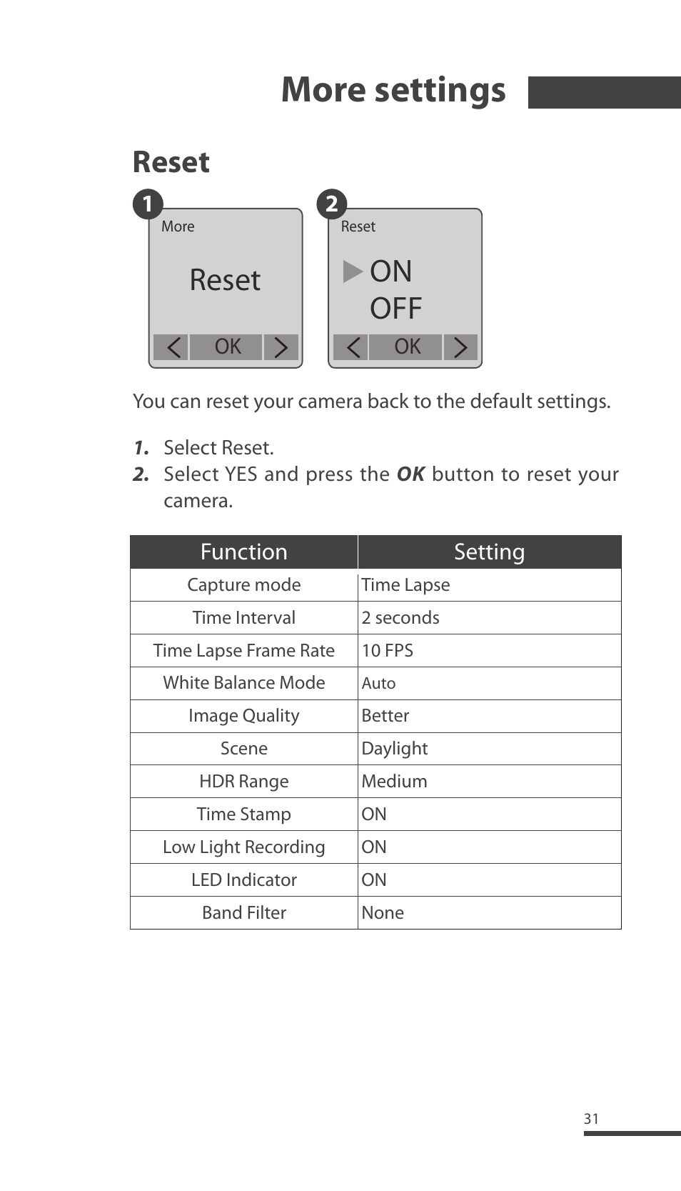 More settings, Reset, On off | Brinno TLC200 Pro User Manual | Page 31 / 44