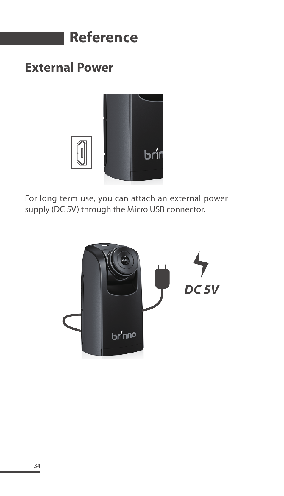 Reference, External power, Dc 5v | Brinno TLC200 Pro User Manual | Page 34 / 44