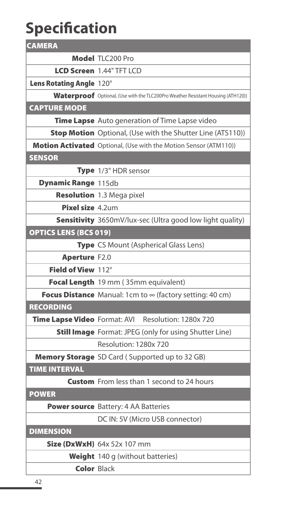 Specification | Brinno TLC200 Pro User Manual | Page 42 / 44