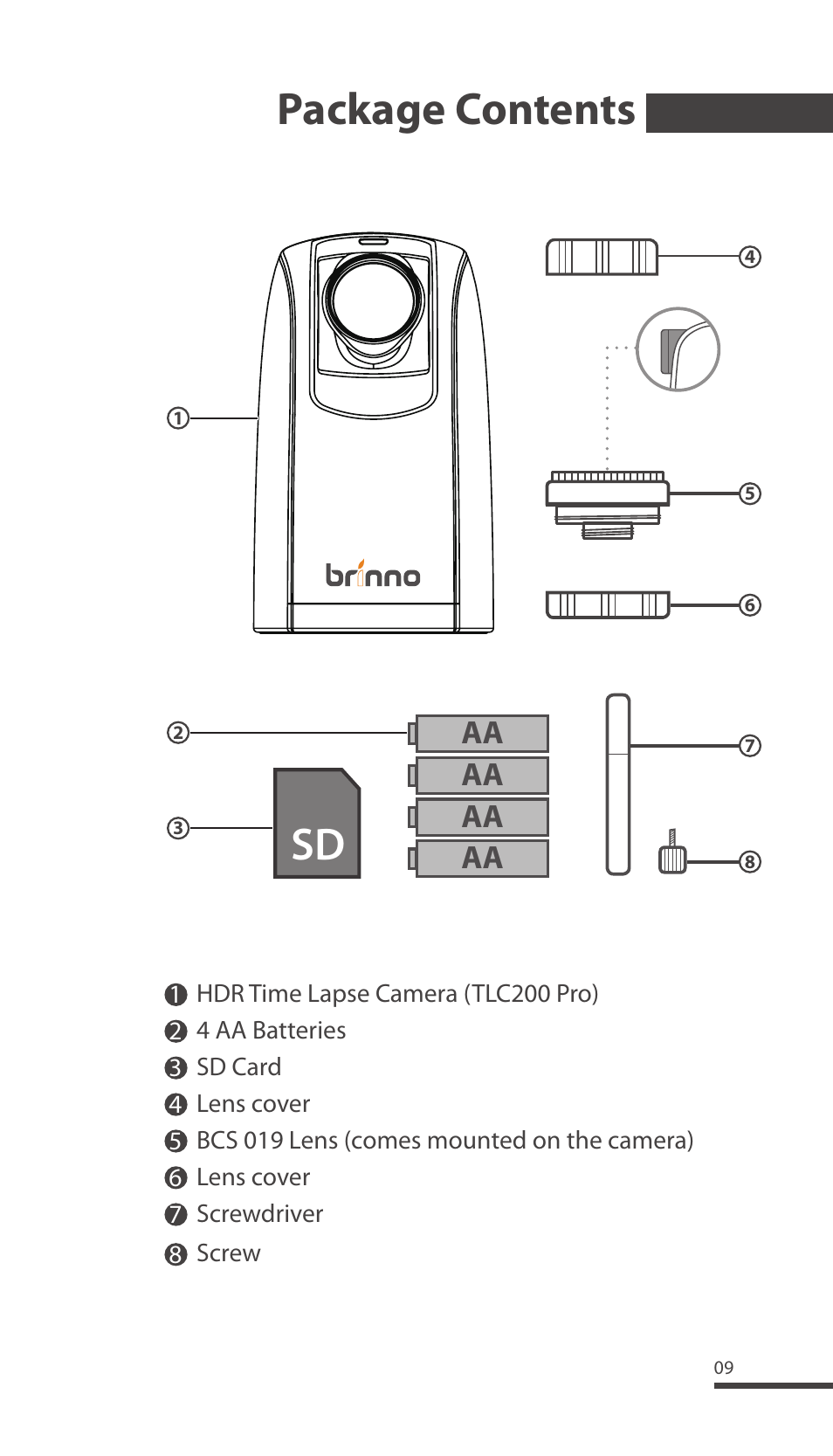 Package contents | Brinno TLC200 Pro User Manual | Page 9 / 44