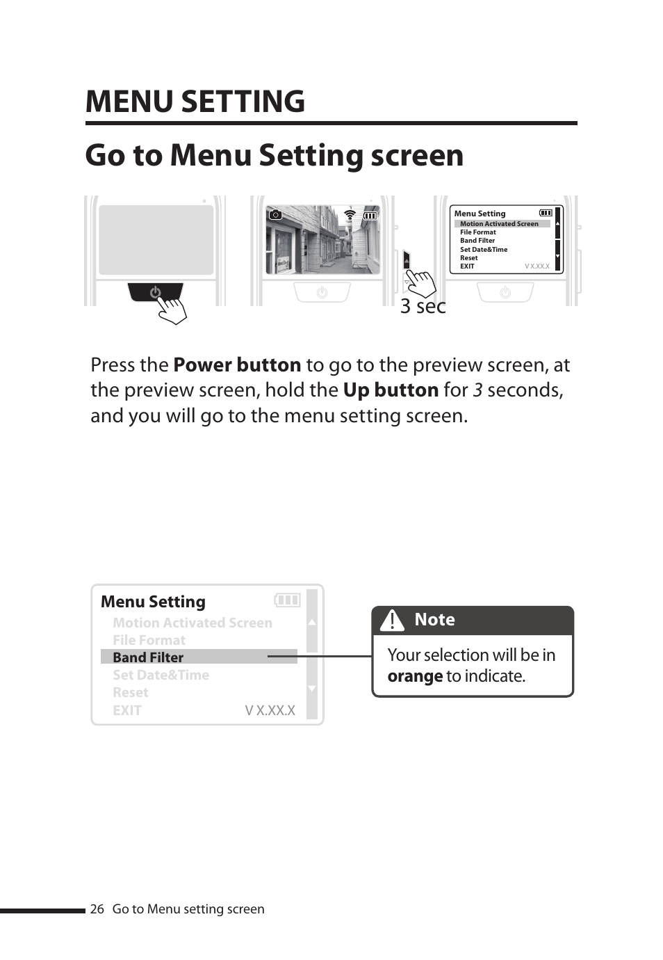 Go to menu setting screen, Menu setting, 3 sec | Brinno PHV MAC User Manual | Page 26 / 32