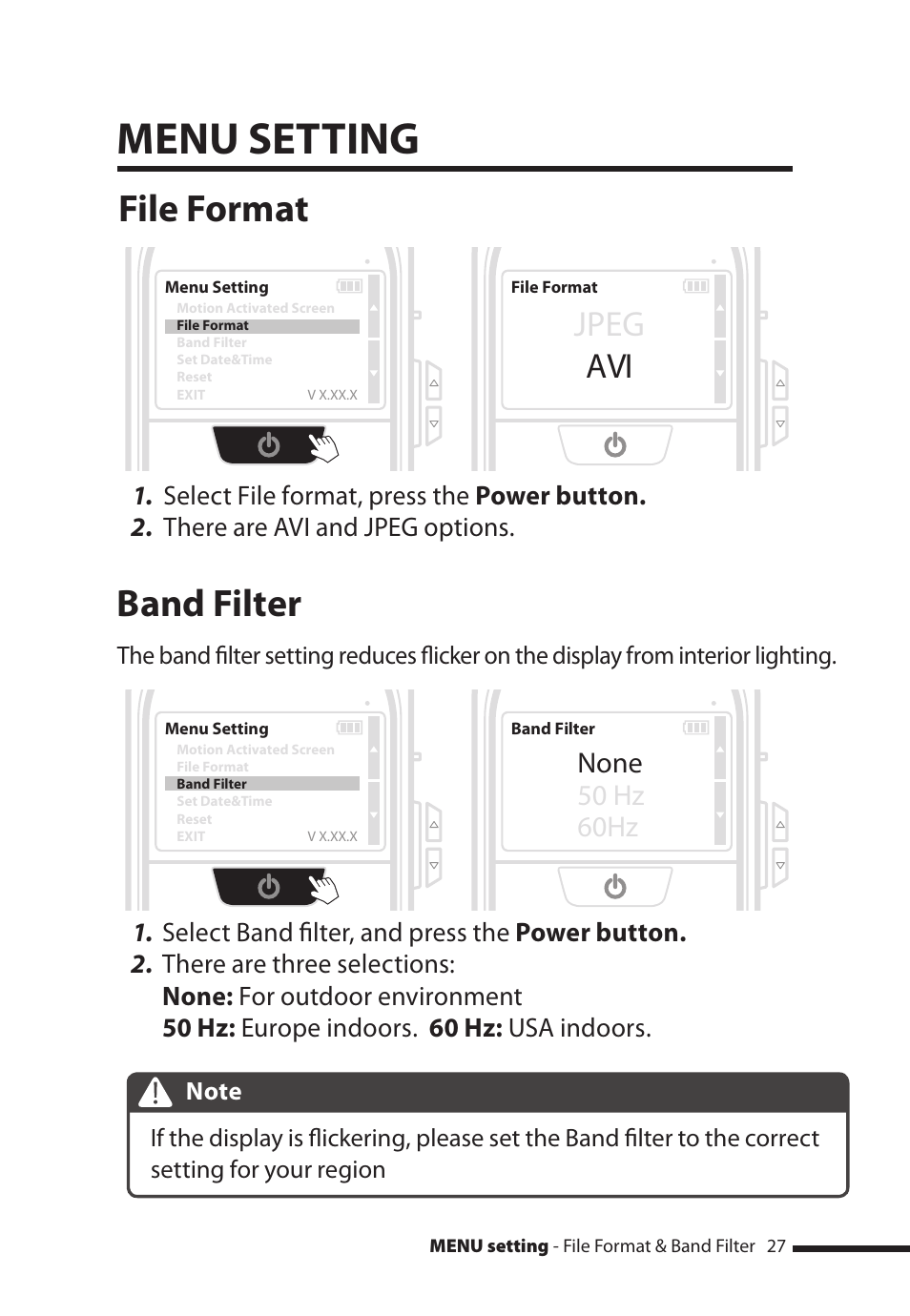 Menu setting, Band filter, File format | Jpeg avi, None 50 hz 60hz | Brinno PHV MAC User Manual | Page 27 / 32