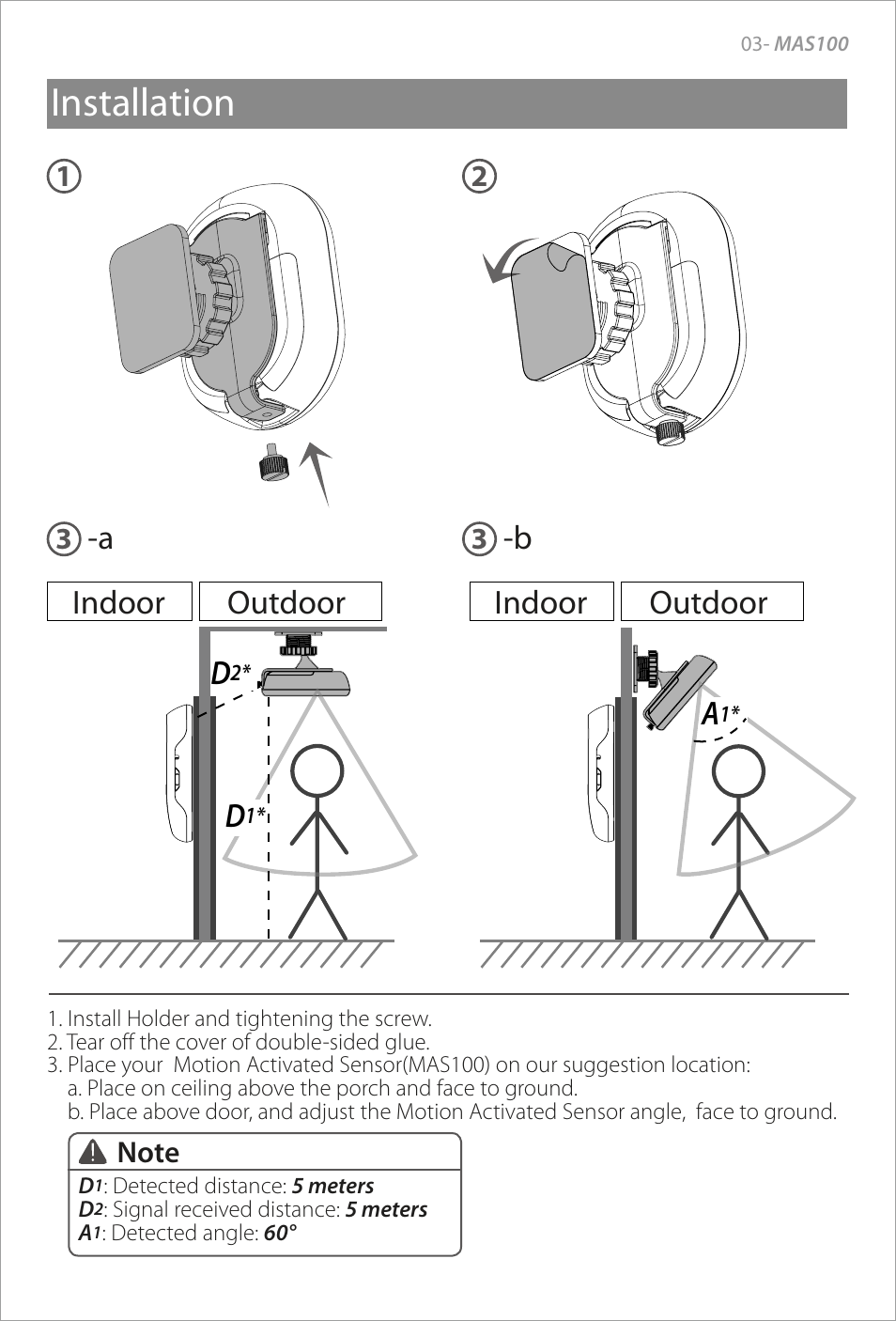 Installation, Indoor, Indoor outdoor outdoor -a -b | Brinno MAS100 User Manual | Page 5 / 8