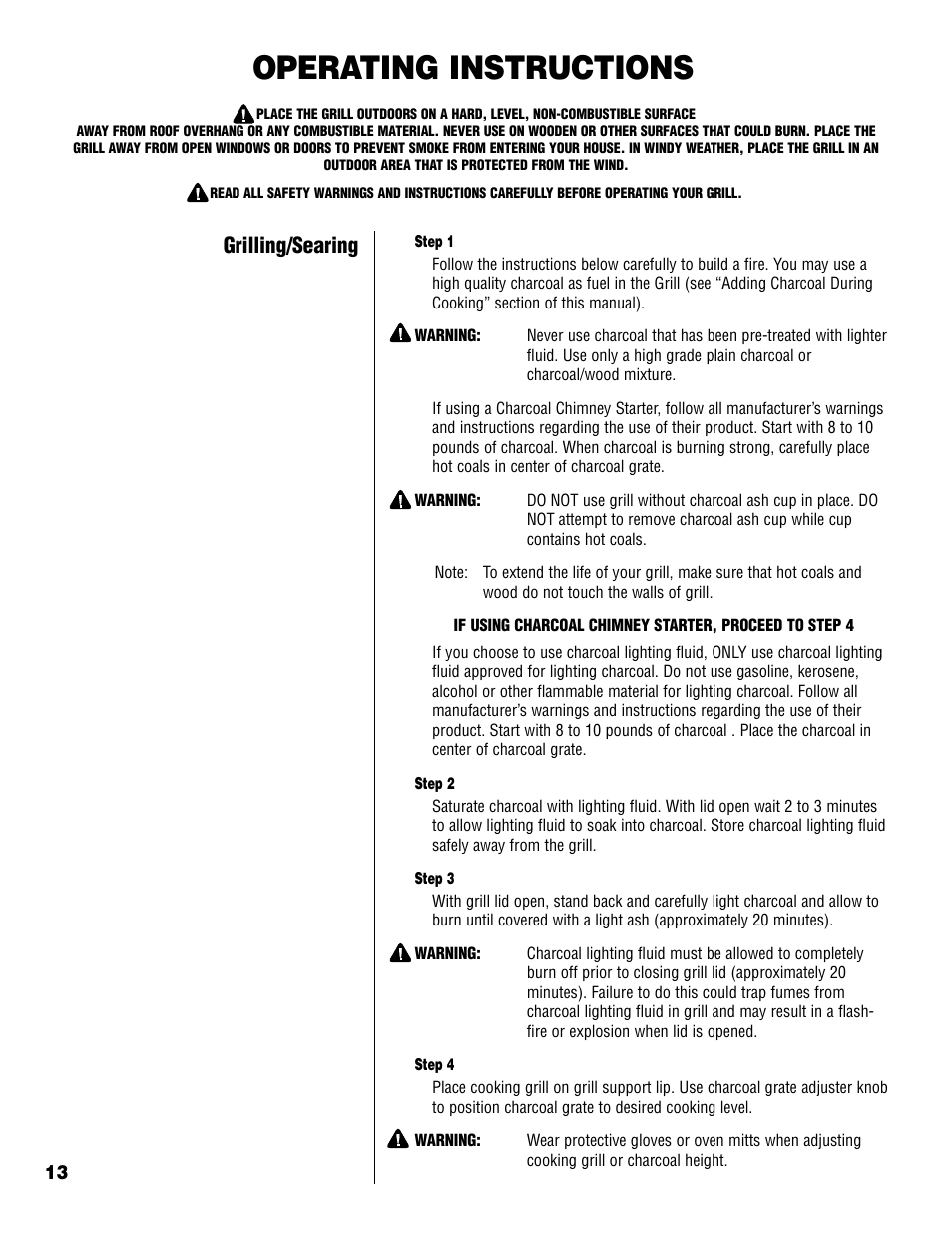 Operating instructions, Grilling/searing | Brinkmann Charcoal Grill User Manual | Page 14 / 32
