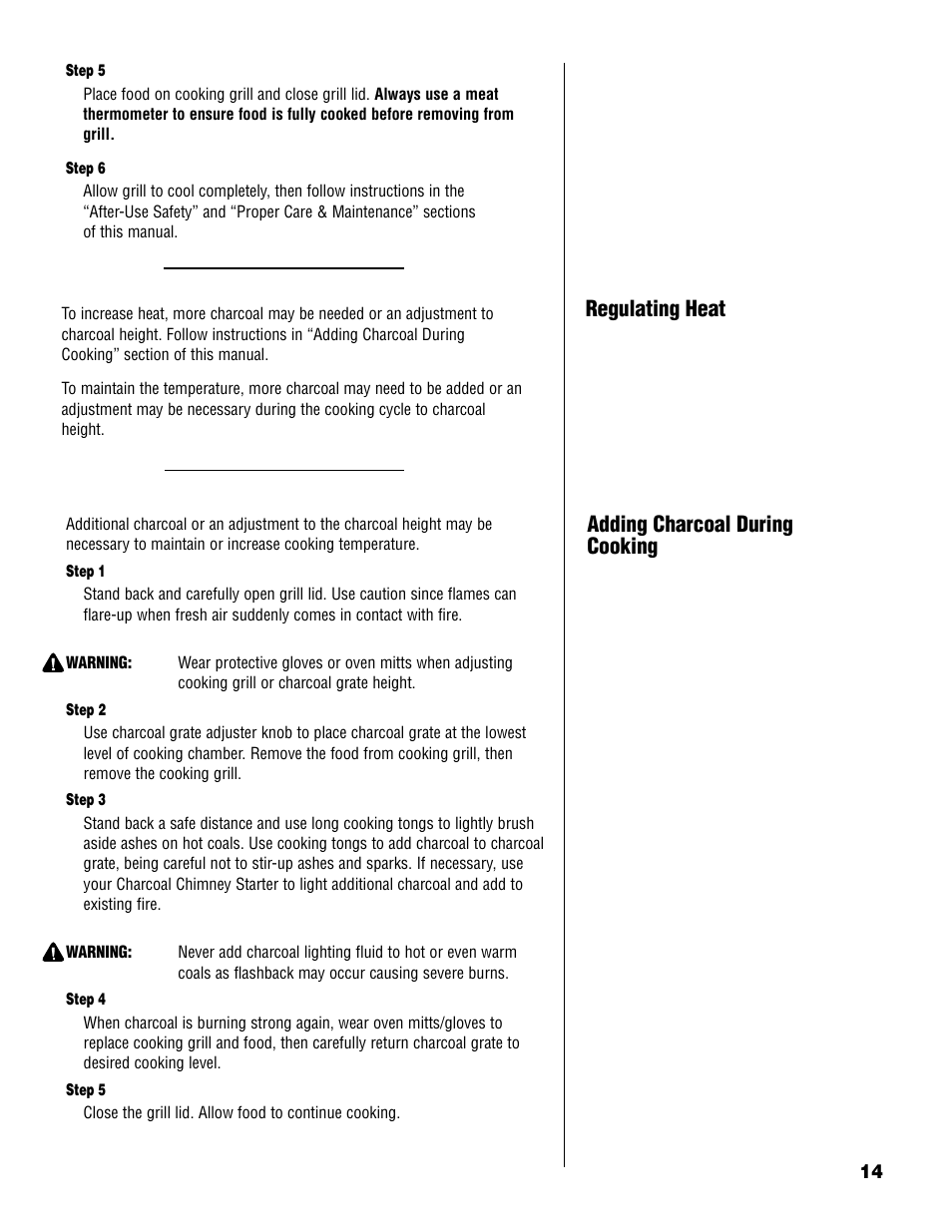 Regulating heat, Adding charcoal during cooking | Brinkmann Charcoal Grill User Manual | Page 15 / 32