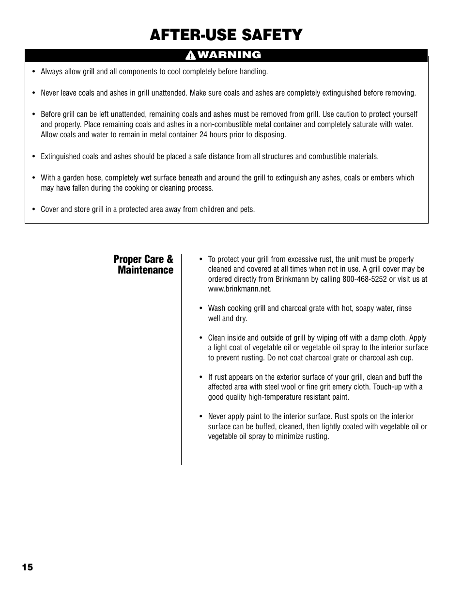 After-use safety, Proper care & maintenance | Brinkmann Charcoal Grill User Manual | Page 16 / 32