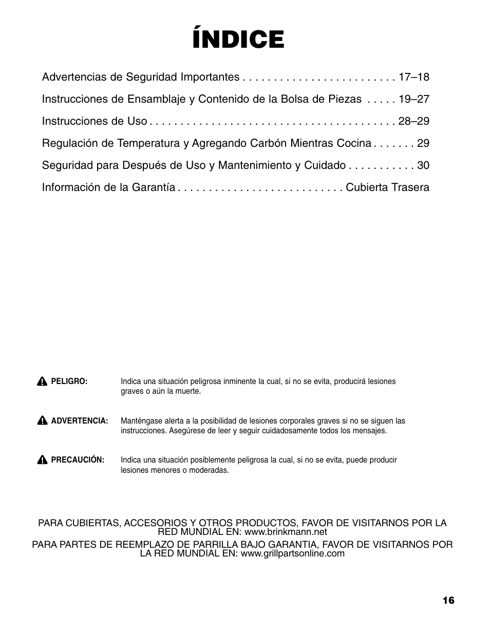 Índice | Brinkmann Charcoal Grill User Manual | Page 17 / 32