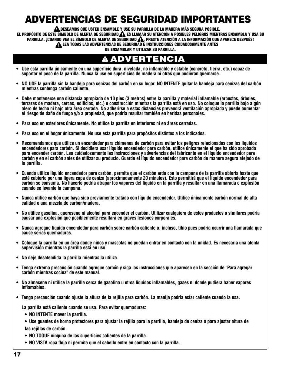 Advertencias de seguridad importantes, Advertencia | Brinkmann Charcoal Grill User Manual | Page 18 / 32