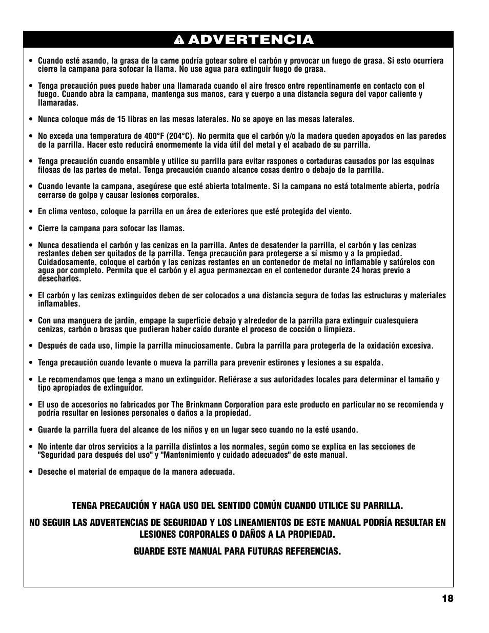 Advertencia | Brinkmann Charcoal Grill User Manual | Page 19 / 32