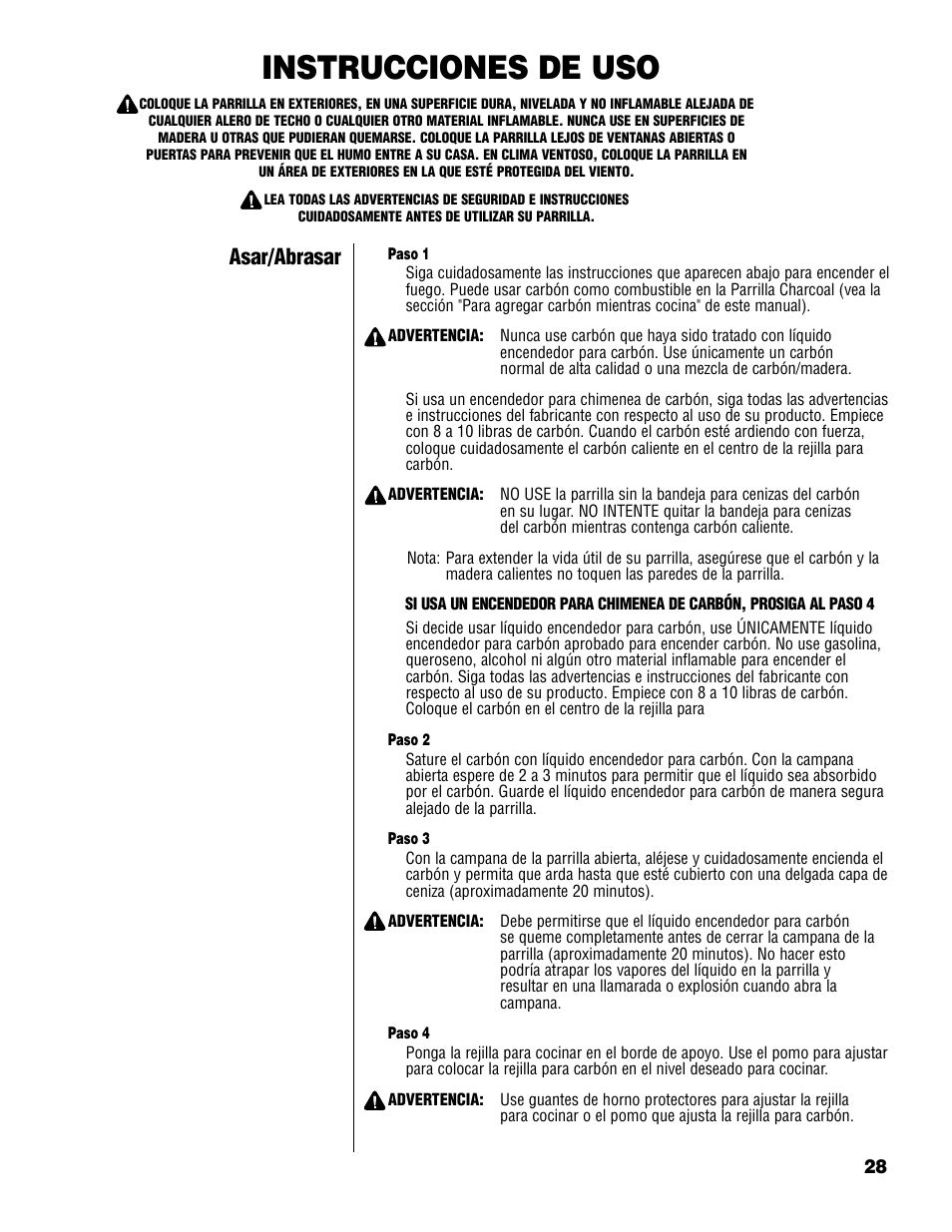 Instrucciones de uso, Asar/abrasar | Brinkmann Charcoal Grill User Manual | Page 29 / 32