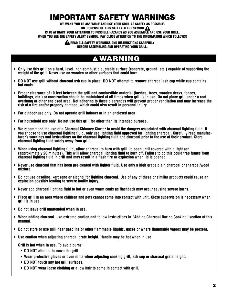 Important safety warnings, Warning | Brinkmann Charcoal Grill User Manual | Page 3 / 32