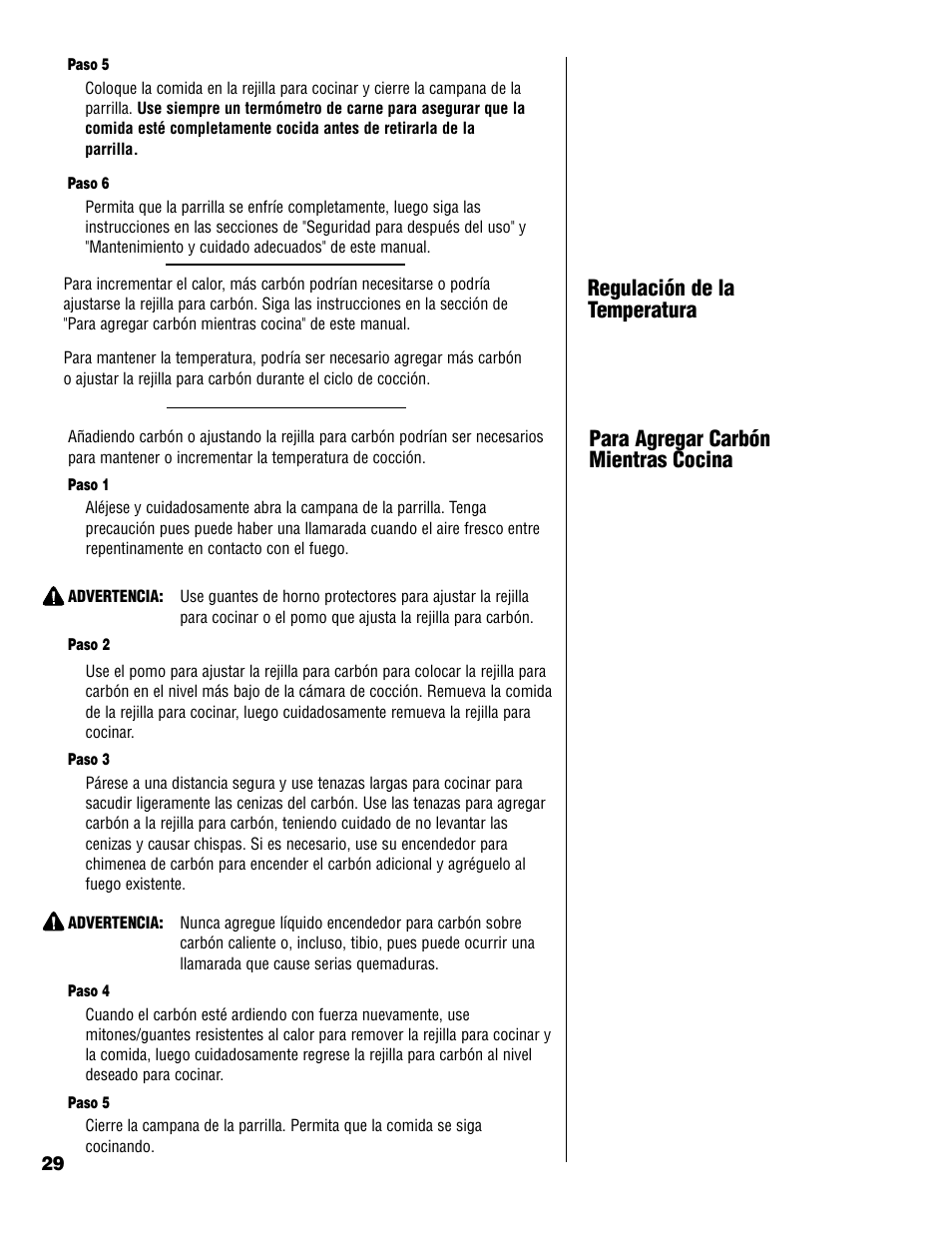 Regulación de la temperatura, Para agregar carbón mientras cocina | Brinkmann Charcoal Grill User Manual | Page 30 / 32