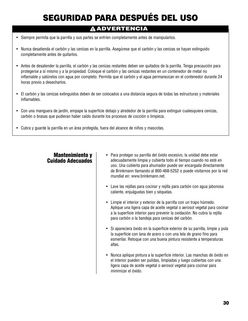 Seguridad para después del uso, Mantenimiento y cuidado adecuados | Brinkmann Charcoal Grill User Manual | Page 31 / 32