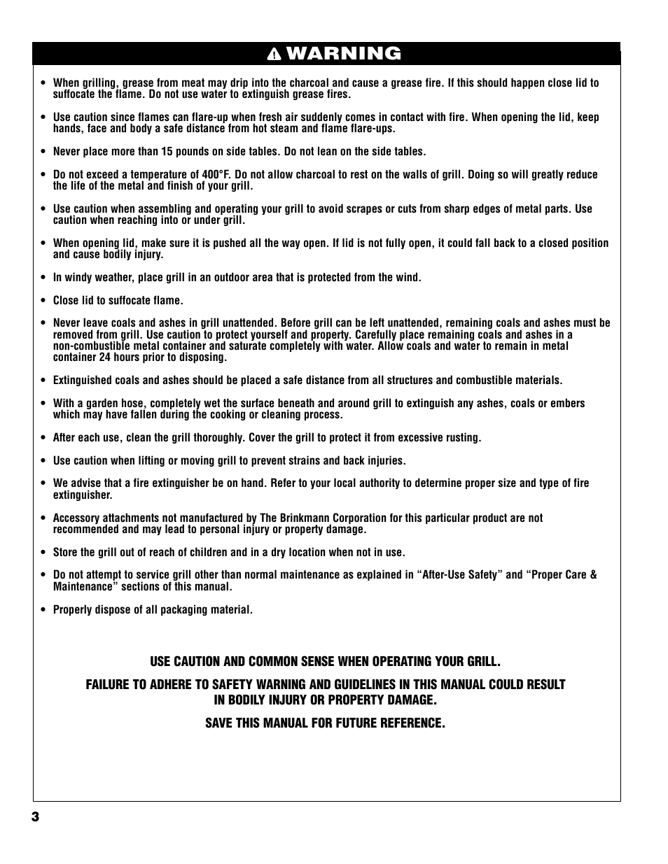 Warning | Brinkmann Charcoal Grill User Manual | Page 4 / 32