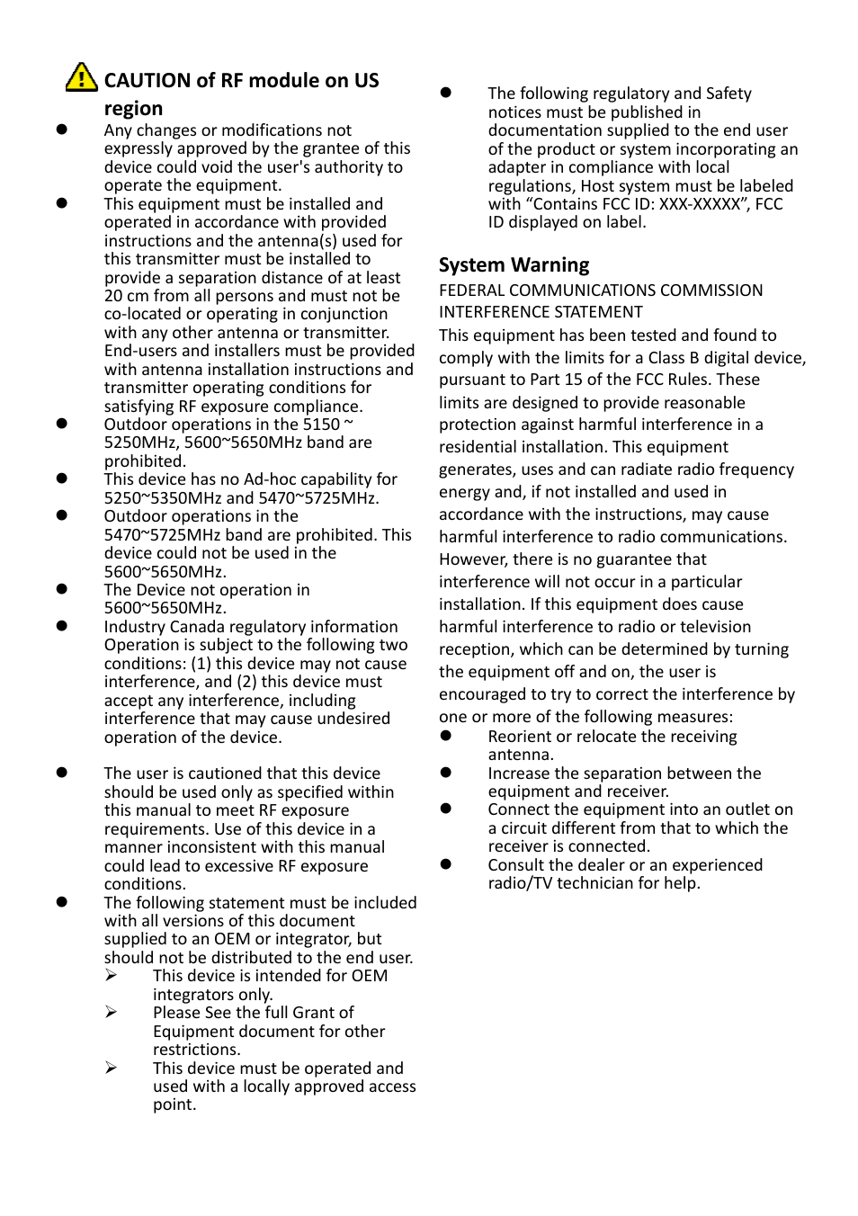 Caution of rf module on us region, System warning | brite-View Air Sync3D BVW-200 User Manual User Manual | Page 5 / 26