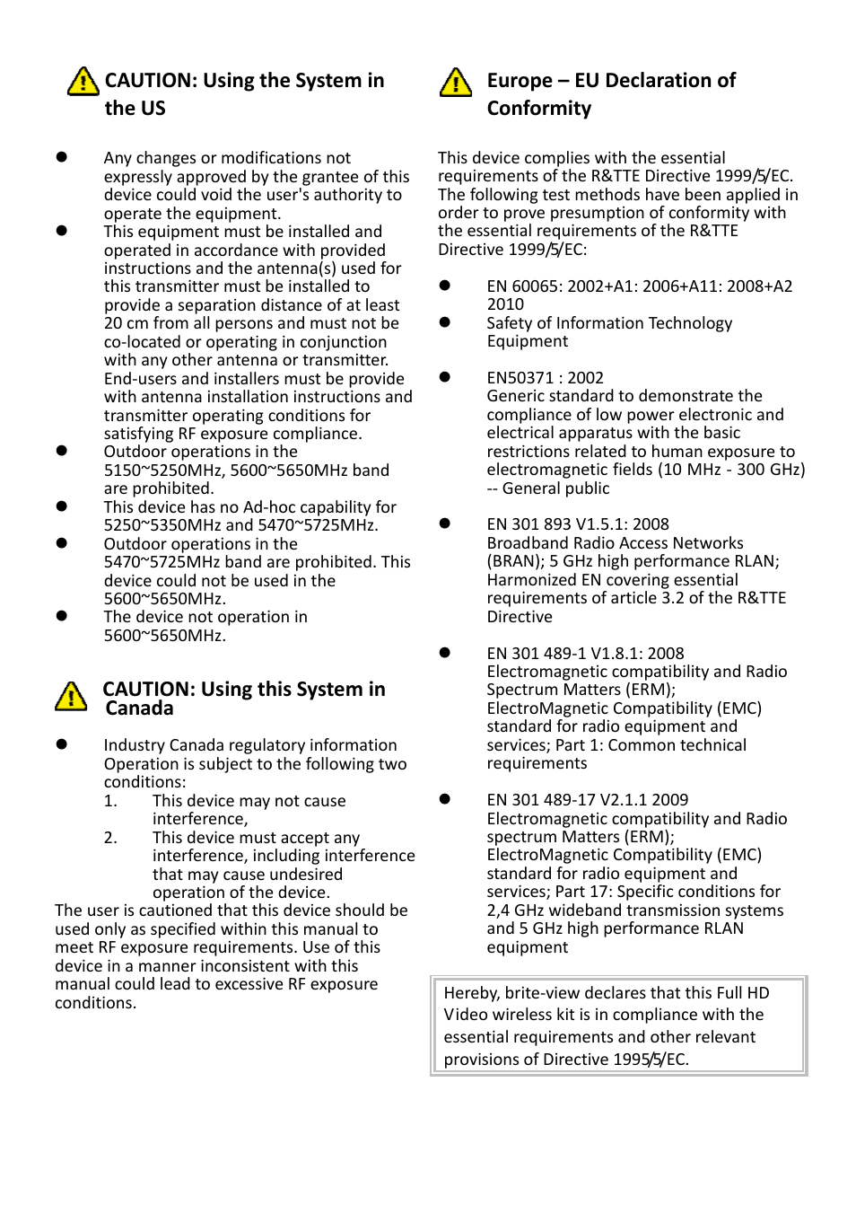 Caution: using the system in the us, Caution: using this system in canada, Europe – eu declaration of conformity | brite-View Air Sync3D BVW-200 User Manual User Manual | Page 6 / 26
