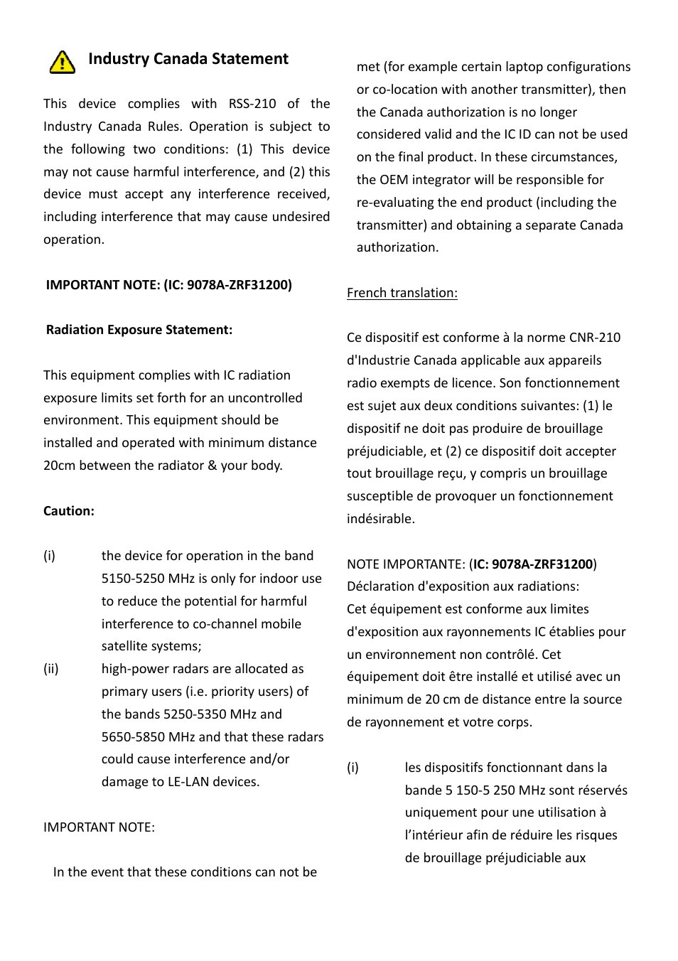 Industry canada statement | brite-View Air Sync3D BVW-200 User Manual User Manual | Page 7 / 26