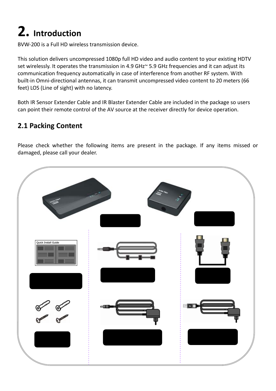 Introduction, 1 packing content | brite-View Air Sync3D BVW-200 User Manual User Manual | Page 9 / 26