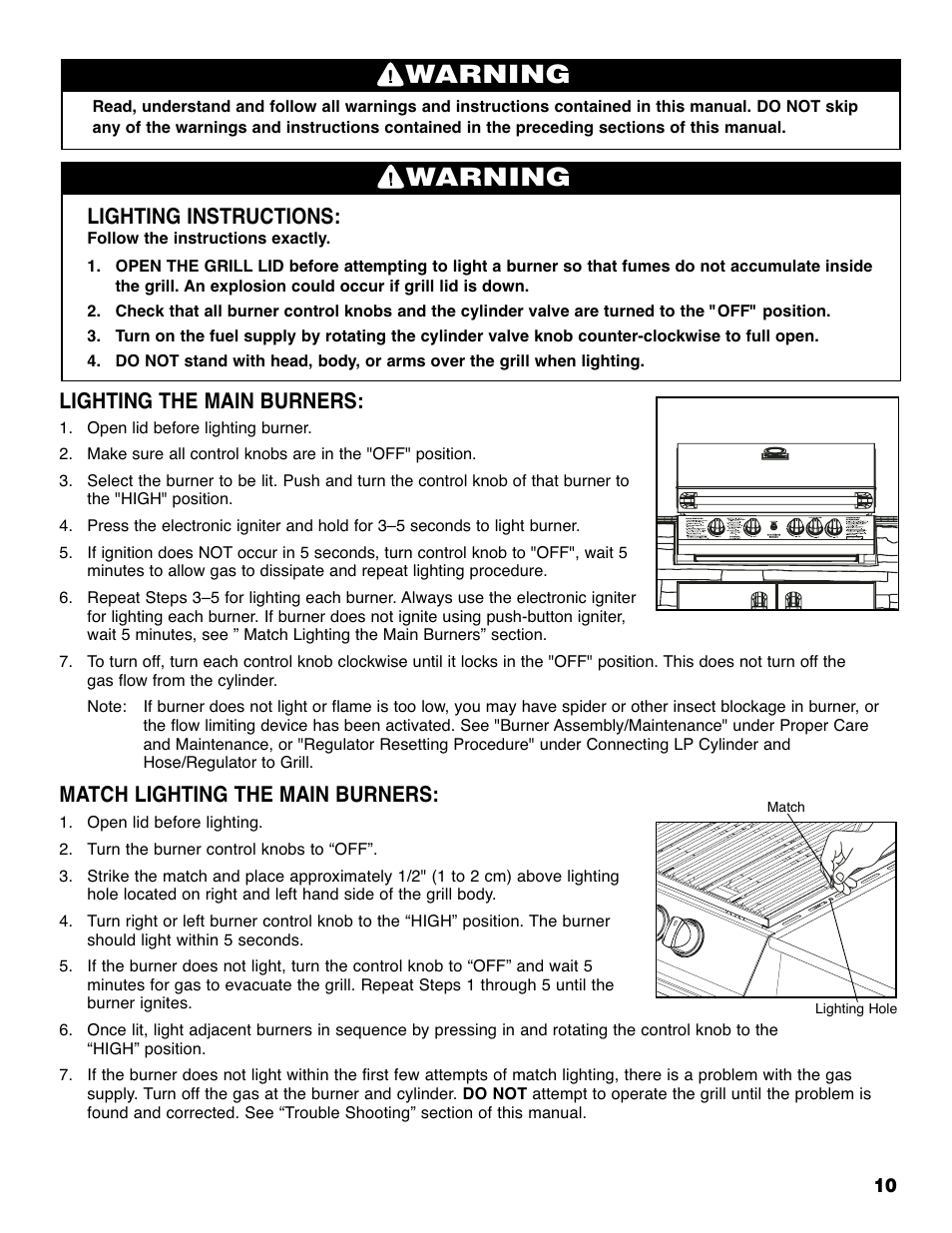 Warning, Lighting instructions, Lighting the main burners | Match lighting the main burners | Brinkmann Grill Island 6800 User Manual | Page 11 / 72