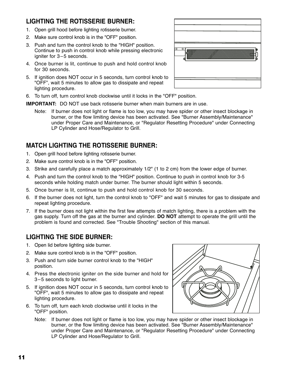 Lighting the rotisserie burner, Match lighting the rotisserie burner, Lighting the side burner | Brinkmann Grill Island 6800 User Manual | Page 12 / 72