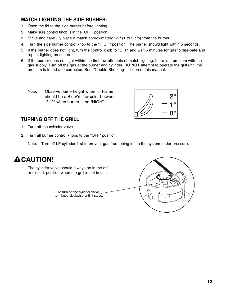 Caution, Match lighting the side burner, Turning off the grill | Brinkmann Grill Island 6800 User Manual | Page 13 / 72