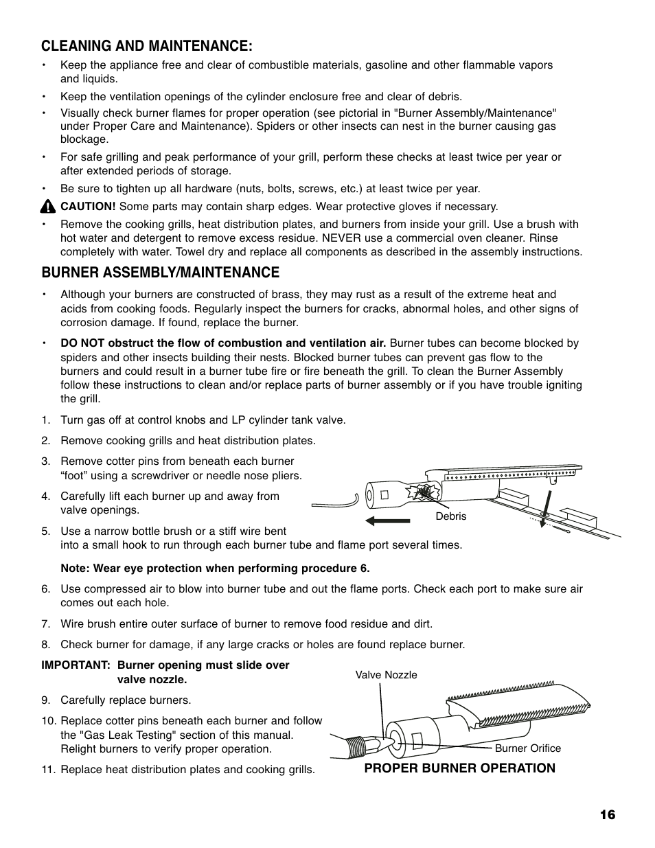 Burner assembly/maintenance, Cleaning and maintenance | Brinkmann Grill Island 6800 User Manual | Page 17 / 72