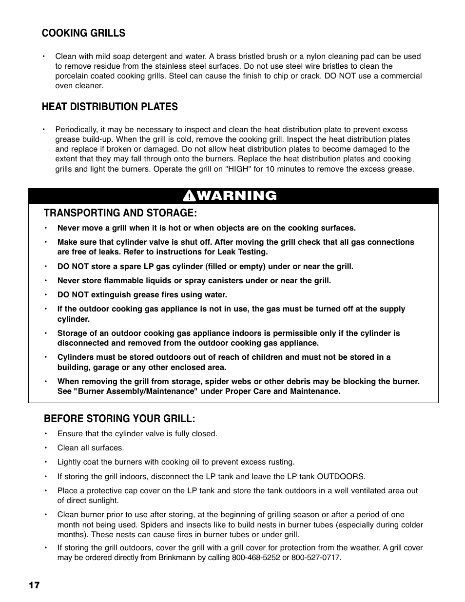 Warning, Transporting and storage, Before storing your grill | Cooking grills, Heat distribution plates | Brinkmann Grill Island 6800 User Manual | Page 18 / 72