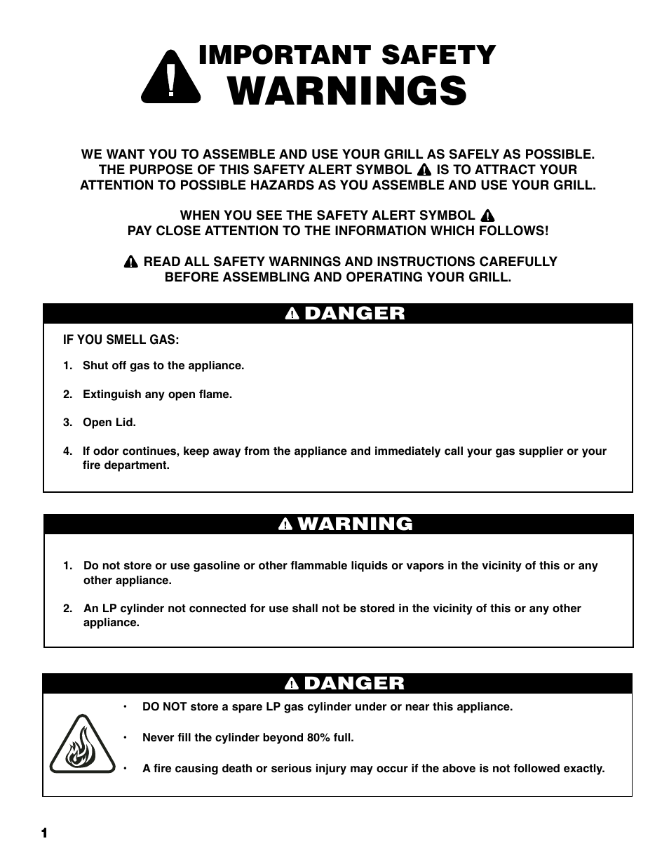 Warnings, Important safety, Danger | Warning danger | Brinkmann Grill Island 6800 User Manual | Page 2 / 72