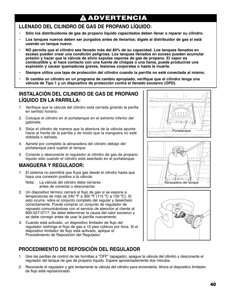 Advertencia, Llenado del cilindro de gas de propano líquido, Manguera y regulador | Procedimiento de reposición del regulador | Brinkmann Grill Island 6800 User Manual | Page 41 / 72