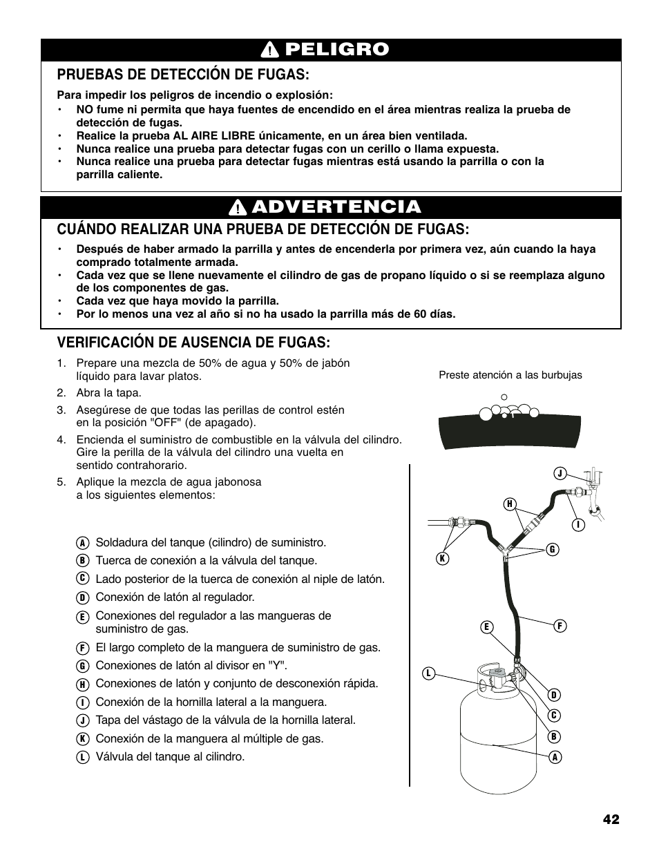 Advertencia peligro, Pruebas de detección de fugas, Cuándo realizar una prueba de detección de fugas | Verificación de ausencia de fugas | Brinkmann Grill Island 6800 User Manual | Page 43 / 72