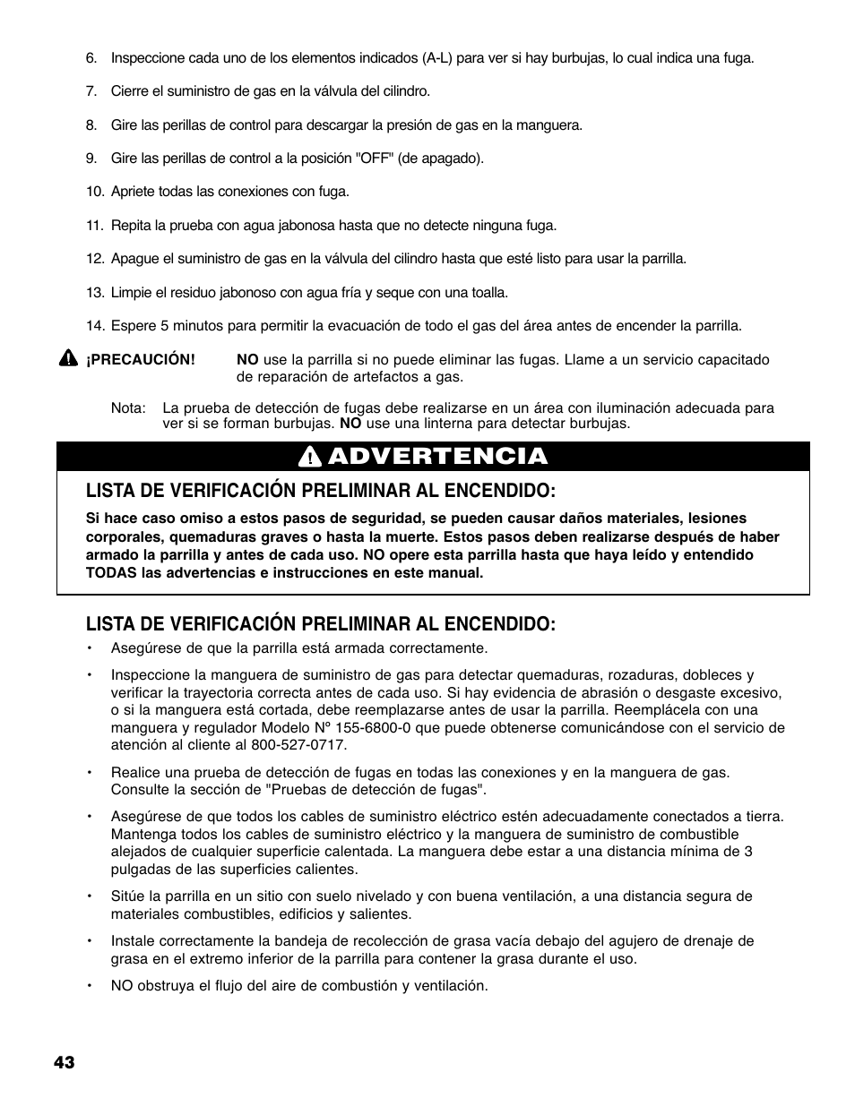 Advertencia, Lista de verificación preliminar al encendido | Brinkmann Grill Island 6800 User Manual | Page 44 / 72