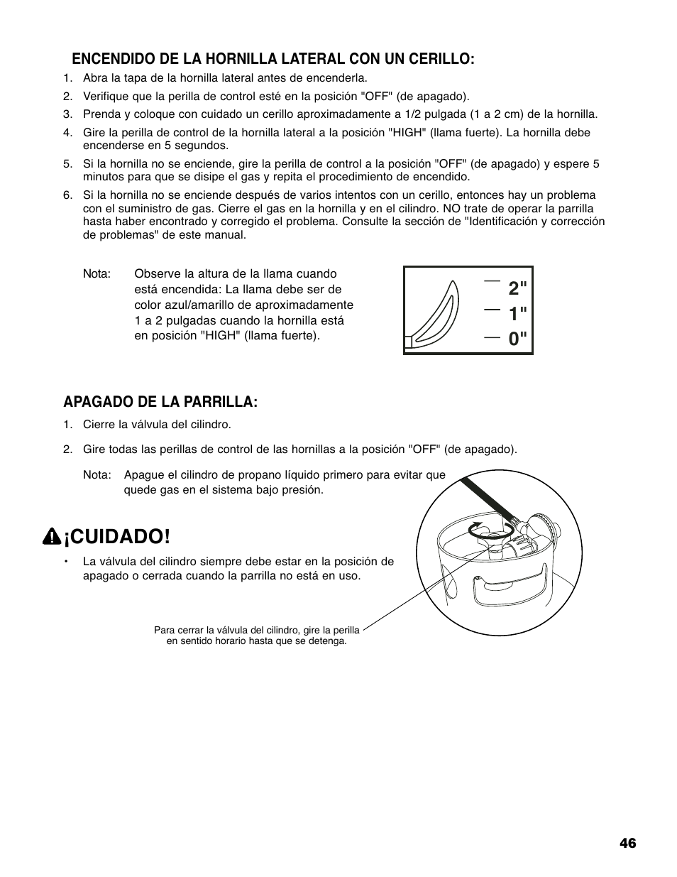 Cuidado, Encendido de la hornilla lateral con un cerillo, Apagado de la parrilla | Brinkmann Grill Island 6800 User Manual | Page 47 / 72