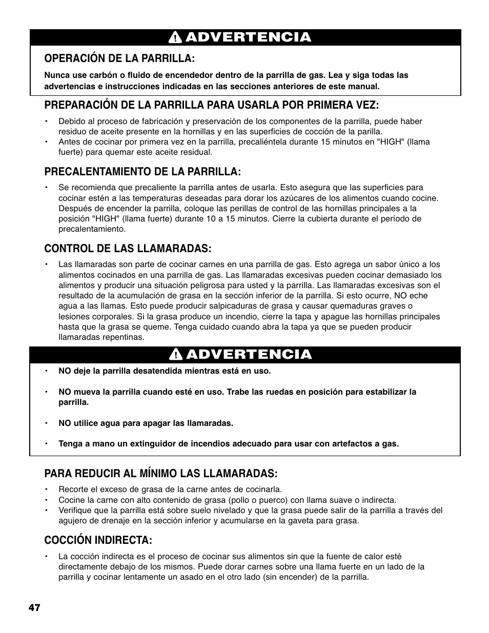 Advertencia, Operación de la parrilla, Precalentamiento de la parrilla | Control de las llamaradas, Para reducir al mínimo las llamaradas, Cocción indirecta | Brinkmann Grill Island 6800 User Manual | Page 48 / 72