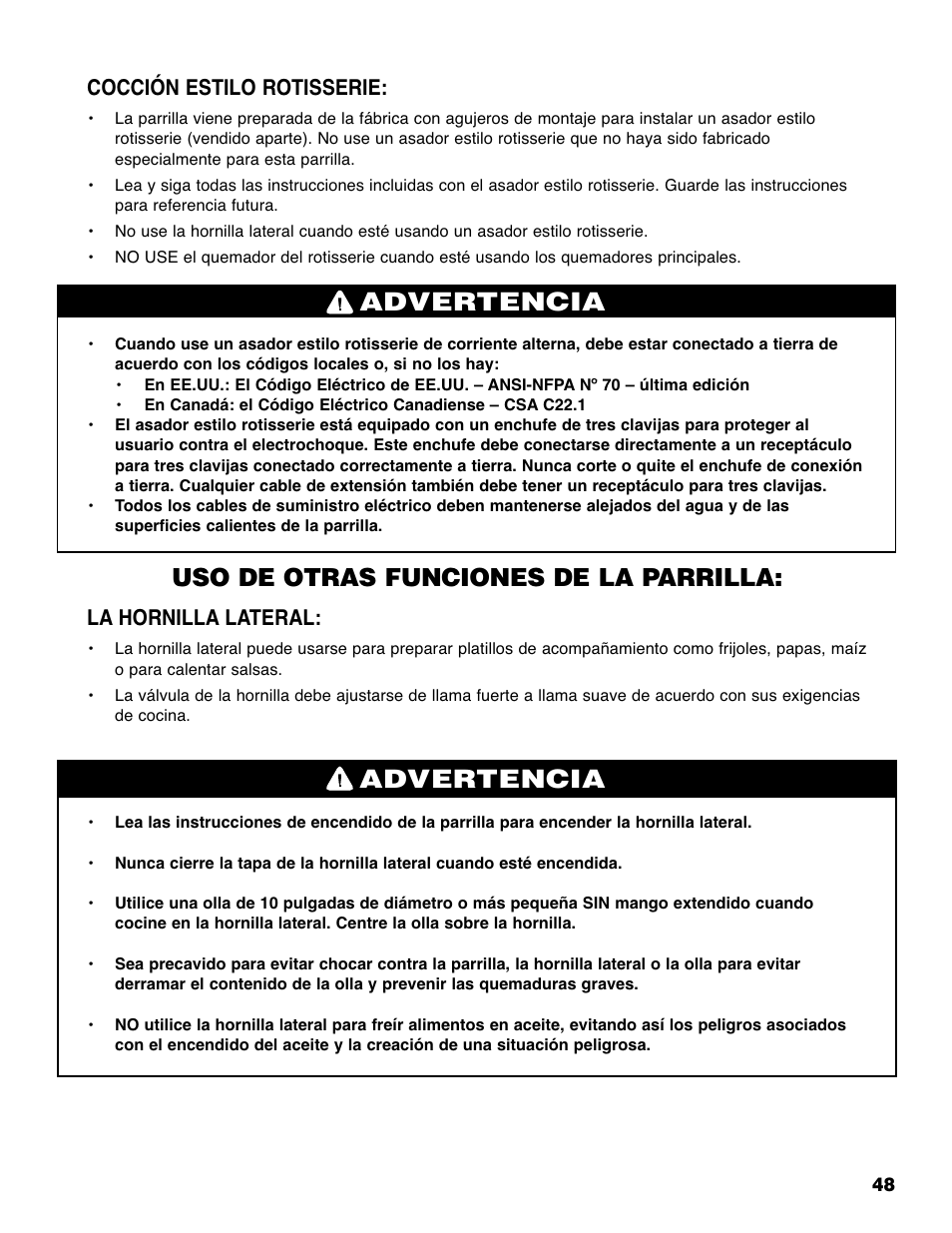 Advertencia, Uso de otras funciones de la parrilla, Cocción estilo rotisserie | La hornilla lateral | Brinkmann Grill Island 6800 User Manual | Page 49 / 72