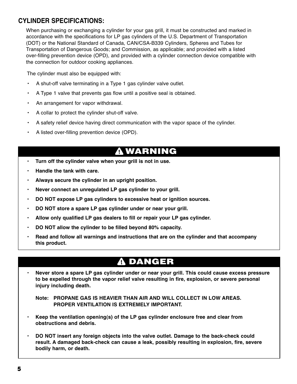 Warning danger, Cylinder specifications | Brinkmann Grill Island 6800 User Manual | Page 6 / 72
