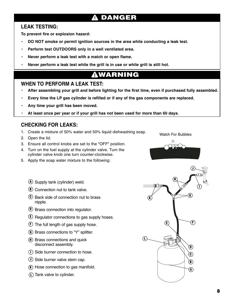 Warning, Danger, Leak testing | When to perform a leak test, Checking for leaks | Brinkmann Grill Island 6800 User Manual | Page 9 / 72