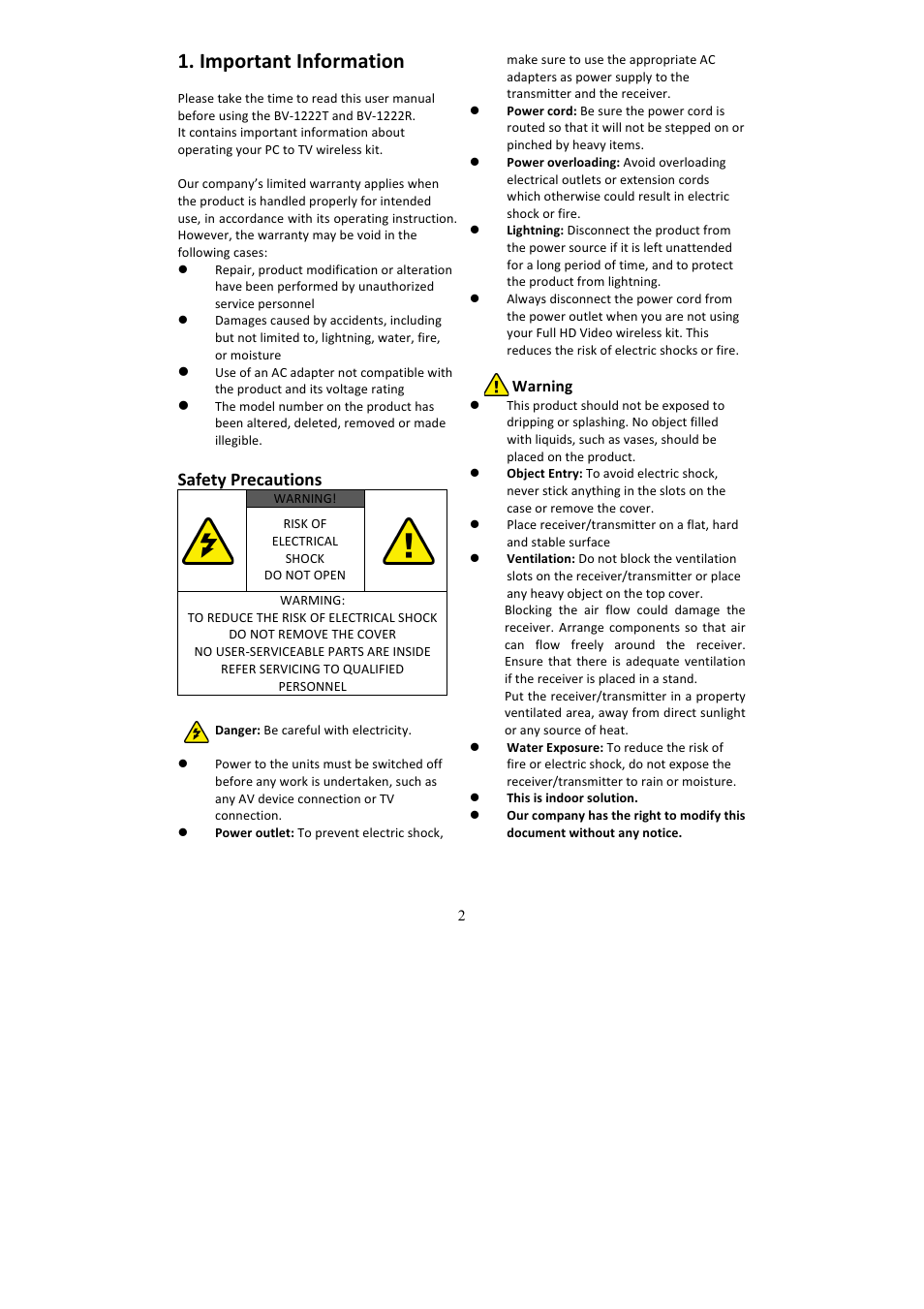 Important information, Safety precautions | brite-View HDelight BV-1222 User Manual User Manual | Page 3 / 27