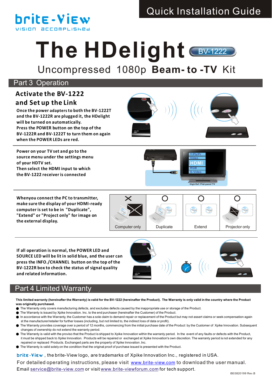 The hdelight, Uncompressed 1080p beam- to -tv kit, Quick installation guide | Part 4 limited warranty, Part 3 operation, Activate the bv-1222 and set up the link, Bv-1222 | brite-View HDelight BV-1222 Quick Installation Guide User Manual | Page 2 / 2
